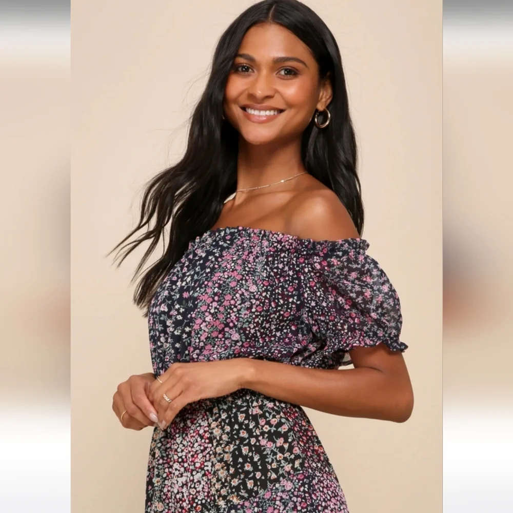 Lulus Neva Navy Blue Floral Print Off-the-Shoulder Maxi Dress Mini-Lined MED NWT - Picture 7 of 11